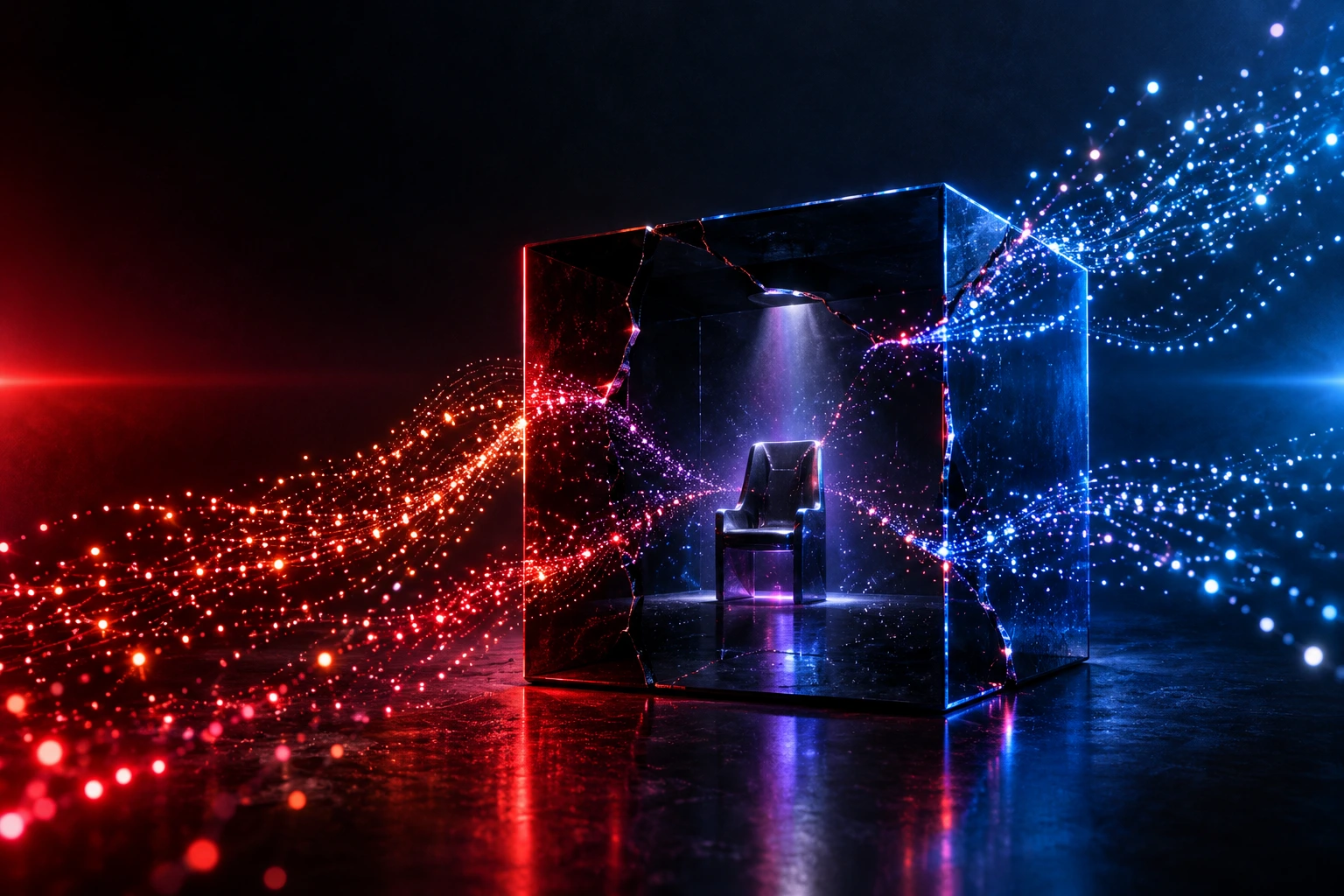 Glowing particles escaping a cracked black cube with an empty chair at its centre, symbolising rogue AI agents